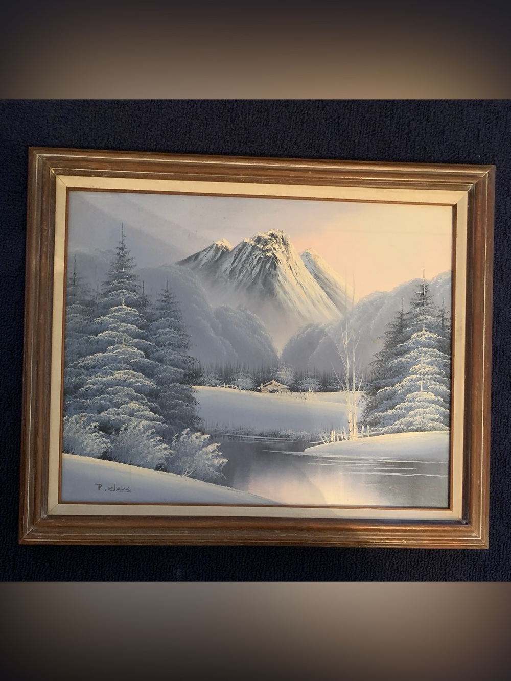 Vintage Winter Scene Signed Framed Oil Painting. 24” X 20 (P. Klaus) Blue
